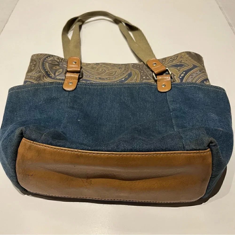 Women's Casual Faux Leather Blue Denim Messenger Bag with Paisley top